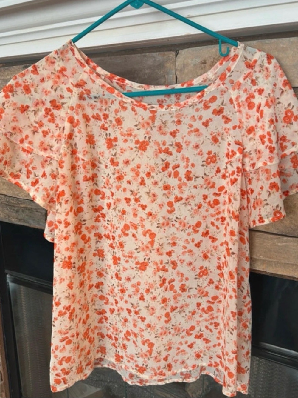 Women's Floral Flutter Sleeve Blouse - Cream with Orange Print